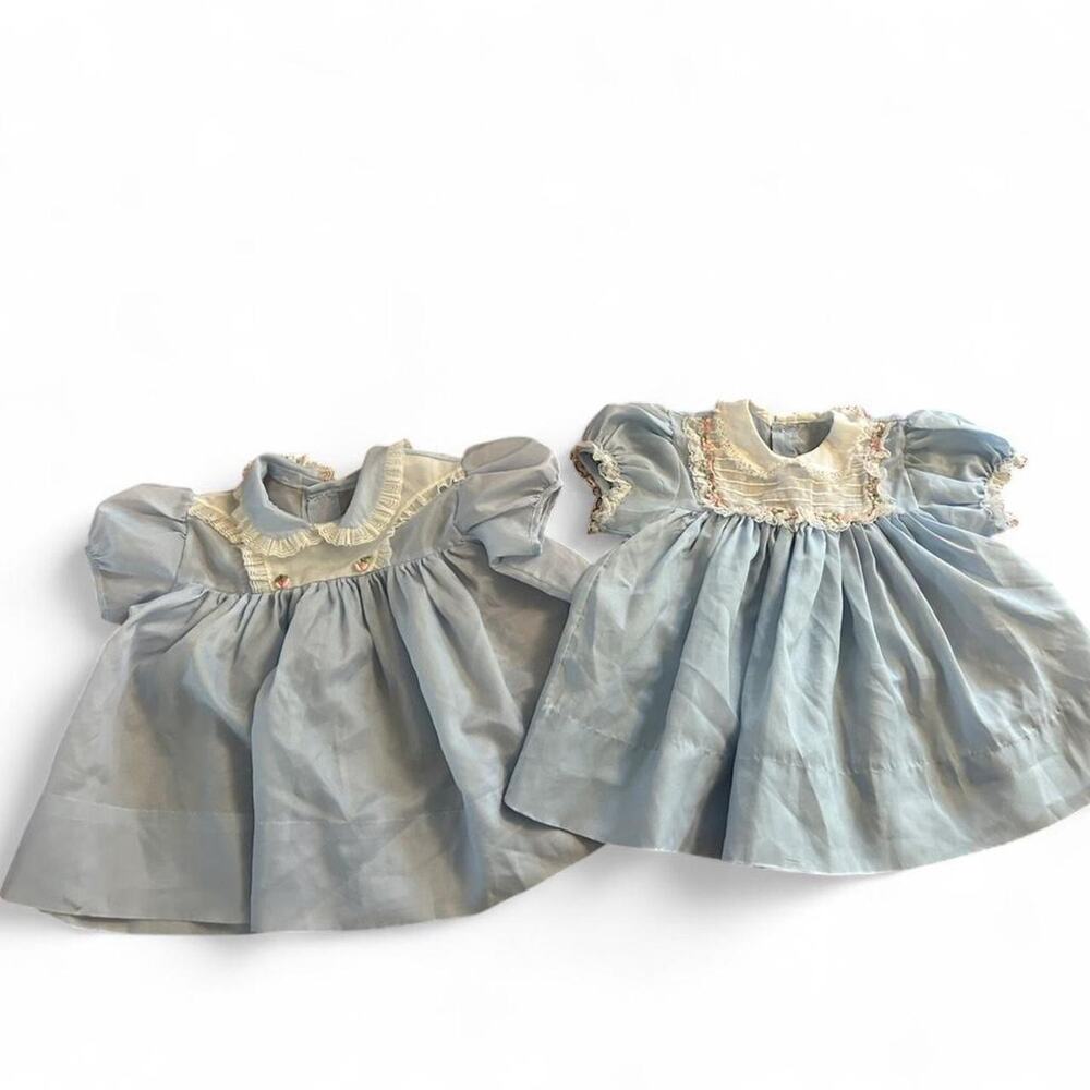 Set of two vintage 70s matching baby doll style 12 month dresses light blue